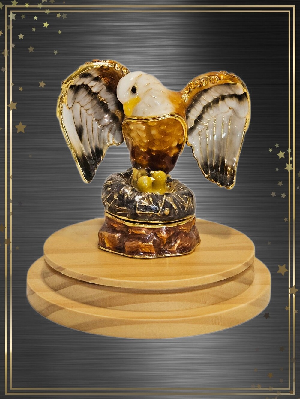 Brown & White Enameled Mother Eagle With Babies Trinket Box
